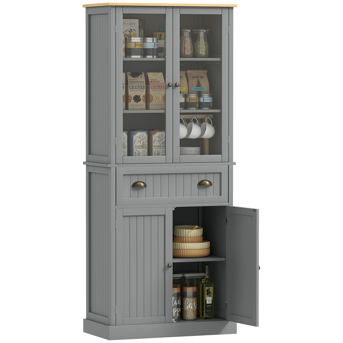 HOMCOM 180cm Tall Kitchen Pantry Cupboard, Freestanding Storage Cabinet with 5 Tier, Adjustable Shelves,  Drawer, Grey