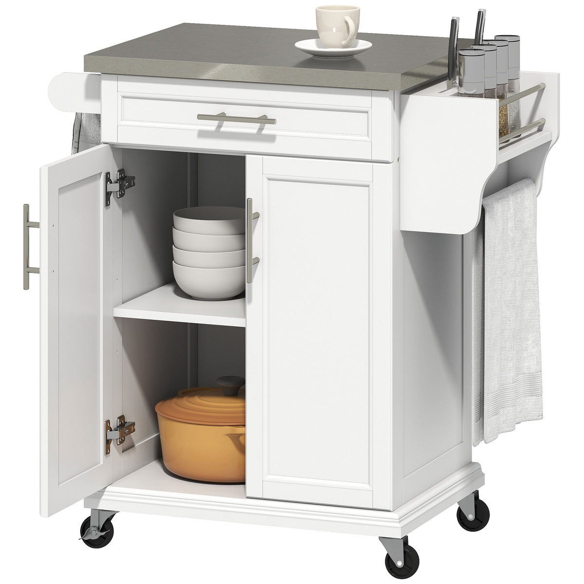 HOMCOM Wooden Kitchen Island on Wheels, Serving Cart Storage Trolley with Stainless Steel Top, Drawer, Side Handle and Rack, White