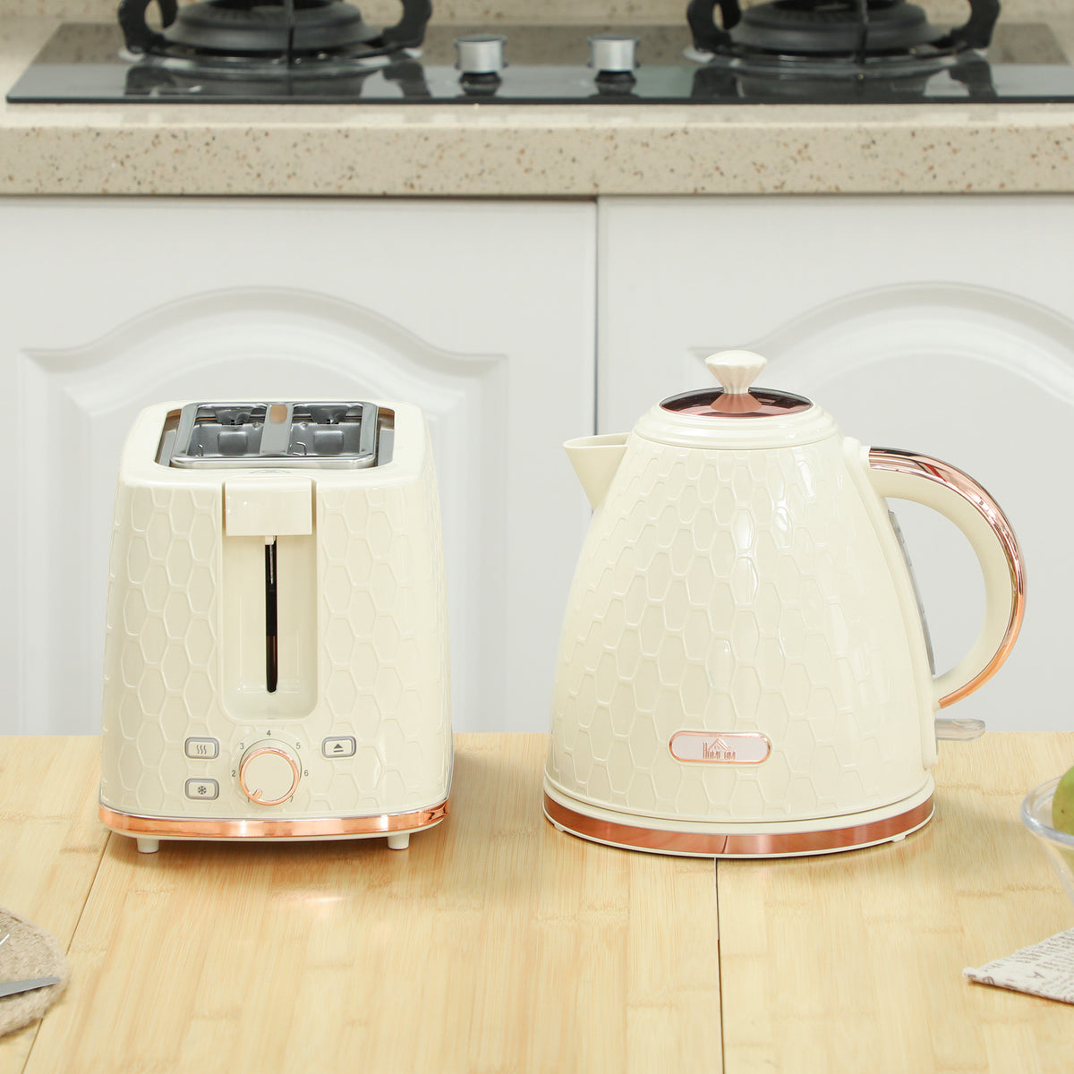 HOMCOM 1.7L 3000W Fast Boil Kettle & 2 Slice Toaster Set, Kettle and Toaster Set with Auto Shut Off, Browning Controls, Beige