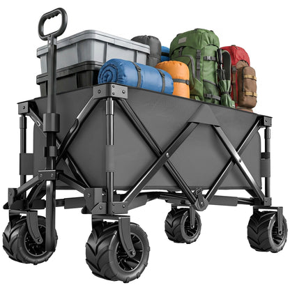 Outsunny Outdoor Pull Along Cart Folding Cargo Wagon Trailer Trolley for Beach Garden with Handle, Anti-Slip Wheel - Dark Grey