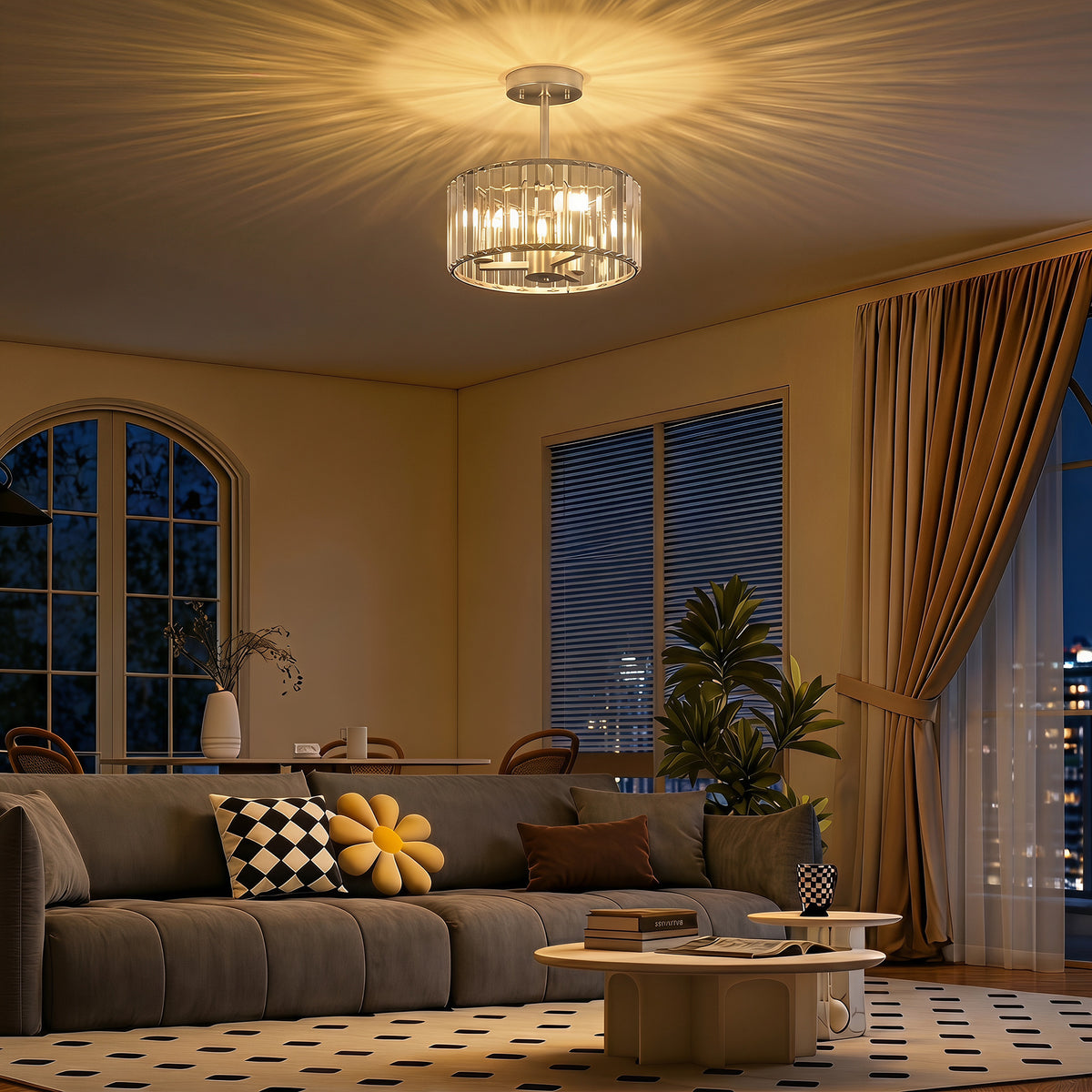 HOMCOM Semi Flush Mount Modern Crystal Chandelier Ceiling Light, Crystal Ceiling Light Fixture with E14 Base, Silver Tone