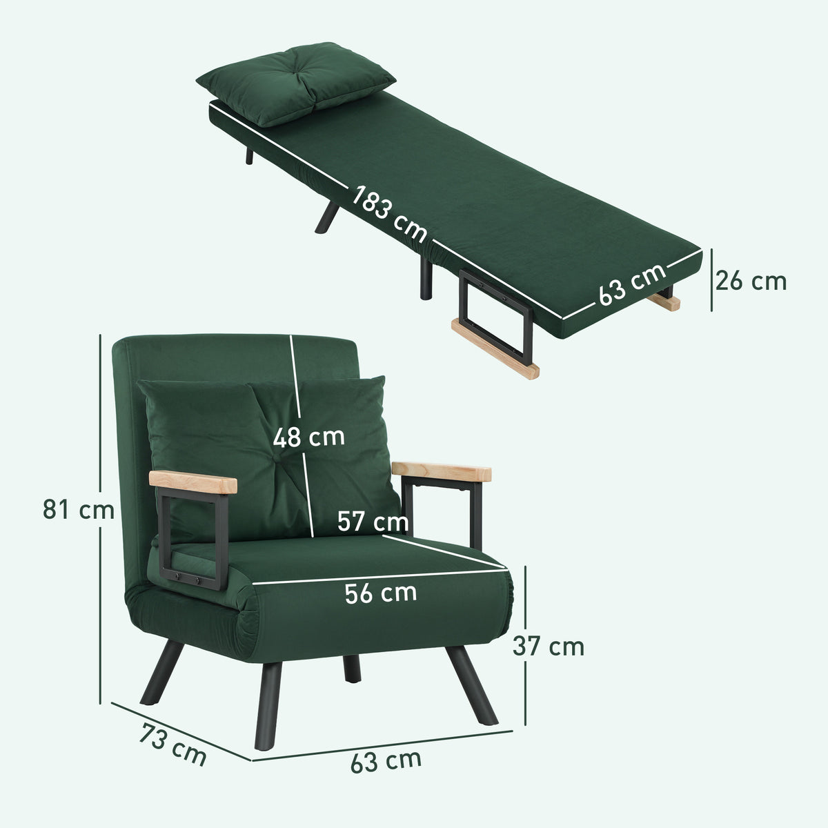 HOMCOM 4-in-1 Velvet-Feel Single Chair Bed, with Pillow - Green
