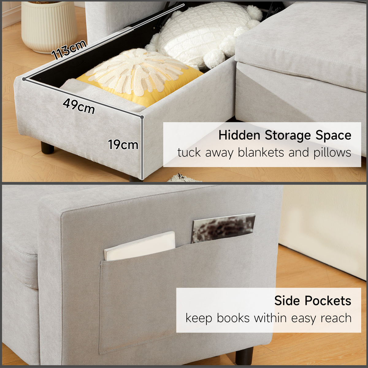HOMCOM Pull Out Sofa Bed with Storage - Light Grey