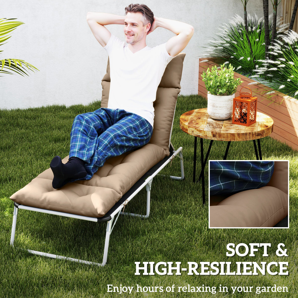 Outsunny Sun Lounger Cushion Only, 190 x 56 x 10 cm Garden Lounge Chair Cushion, UPF20+ 220gsm Fabric, Thick Sunbed Replacement Pad with 6 Ties, Khaki