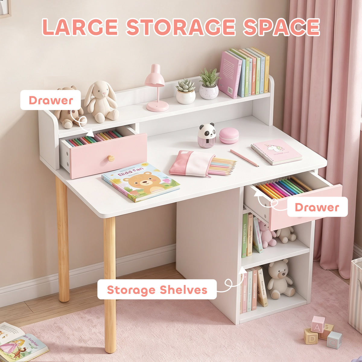 AIYAPLAY 2 Pieces Children Study Table with Hutch, Kids Desk and Chair Set with Storage, Drawer, Shelves, Pink