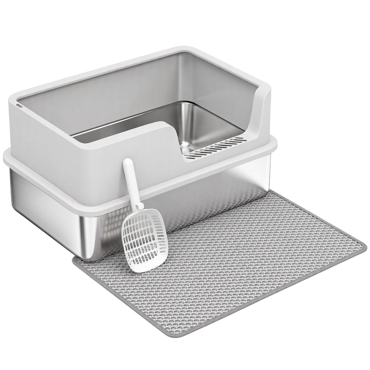PawHut XL Stainless Steel Cat Litter Tray with Lid, High Sided Cat Litter Box with Scoop and Mat, Light Grey