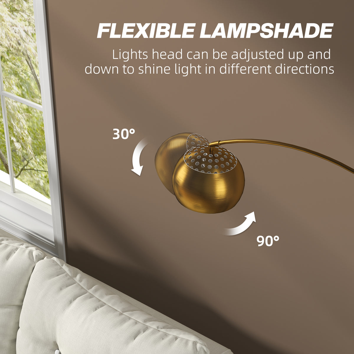 HOMCOM 167cm Arc Floor Lamp for Living Room, Modern Adjustable Standing Lamp with Foot Switch, Faux Black Marble Base and Bell Shade for Home Offices, Bedrooms, Gold Tone