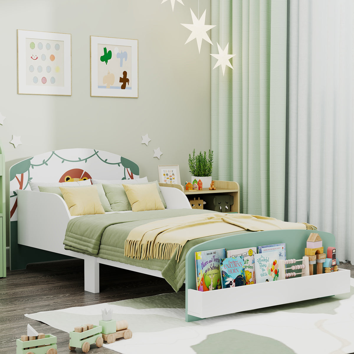 AIYAPLAY Toddler Bed with Storage, Guardrails, Lion Design, for Ages 3-8 Years, Fits 140 x 70cm Mattress, Green