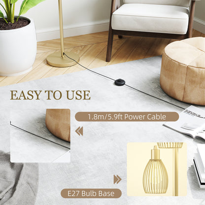 HOMCOM 3-Light Floor Lamp, 170cm Industrial Dimmable Standing Lamp with Steel Wire Cage Lampshades for Living Room, Bedroom, Dining Room, Study, Bulb Not Included, Gold Tone