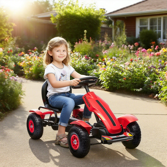 HOMCOM Pedal Go Kart, Kids Ride On Racer with Adjustable Seat, Inflatable Rubber Tyres, Handbrake for Ages 5-12 Years - Red