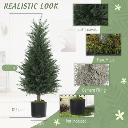 HOMCOM Artificial Cypress Tree, 90 cm Fake Cypress Tree with Plastic Pots, UV-Resistant Faux Plants for Garden Front Porch Decoration, 2 Pack
