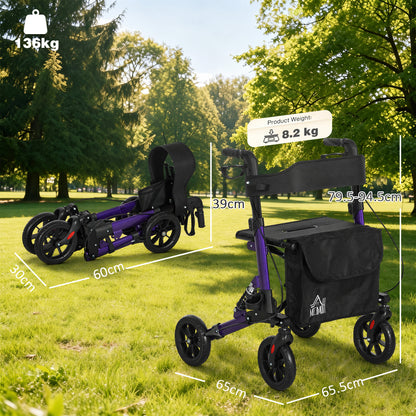 HOMCOM Folding Rollator Walker with Seat, Backrest, Lightweight Walking Frame with Storage Bag, Dual Brakes, Adjustable Handle Height, Suspension System, 4 Wheeled Walker for Seniors, Purple