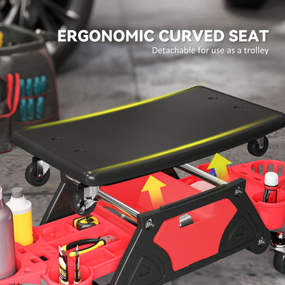 HOMCOM Rolling Mechanic Stool, 135kg Capacity Workshop Stool with 360° Swivel Wheels, Roller Creeper Seat with Slide Out Tool Trays, Drawer, Bottle Holders for Garage, Shop, Auto Repair, Red