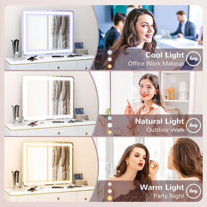 HOMCOM Vanity Mirror with Lights, Large 80x62 cm Lighted Makeup Mirror with 3 Colour, 10X Magnifying, USB Charging Port, Touch Screen, Tabletop or Wall Mounted Design, White