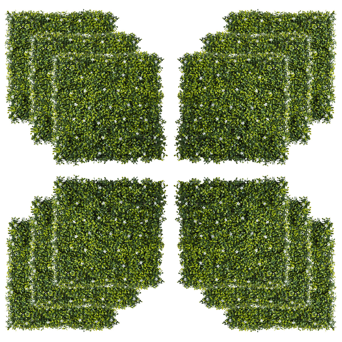Outsunny 12PCS Artificial Boxwood Wall Panels 50cm x 50cm Grass Privacy Fence Screen Faux Hedge Greenery Backdrop Encrypted Milan Grass with White Flowers for Home Garden Backyard Balcony