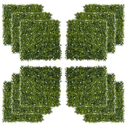Outsunny 12PCS Artificial Boxwood Wall Panels 50cm x 50cm Grass Privacy Fence Screen Faux Hedge Greenery Backdrop Encrypted Milan Grass with White Flowers for Home Garden Backyard Balcony