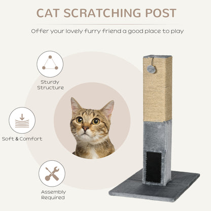 PawHut Cat Tree Scratching Post for Indoor Cats 79cm Jute Scratcher Climber w/ Carpet Base Dangling Toy Self Grooming Brush – Grey