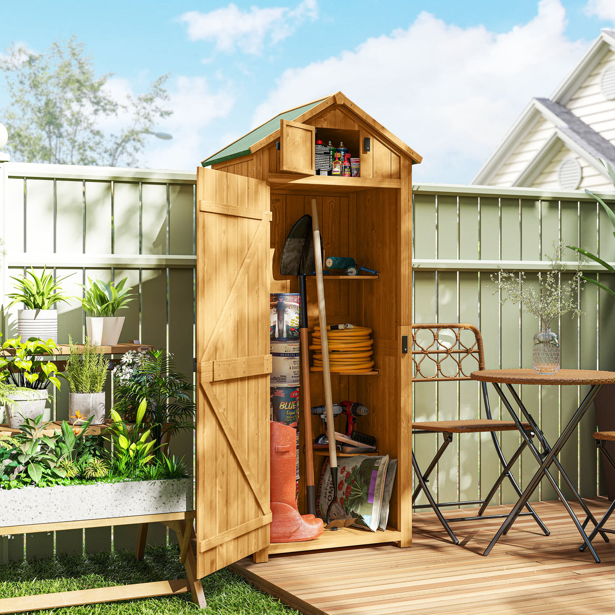 Outsunny Garden Shed Wood Outdoor Garden Tool Storage Unit with 3 Detachable Shelves, 77 x 54.2 x 179cm,  Brown