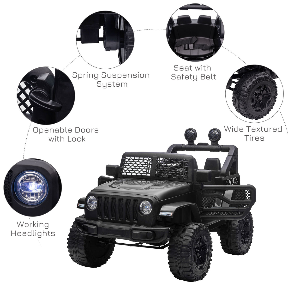 HOMCOM Kids Ride On Car, 12V Electric Cars for Kids with Parental Remote Control, 2 Motors, 4-Wheel Suspension, LED Lights, Horn, 3-5km/h, Battery Powered Ride On Toy for 3-6 Years Old Black