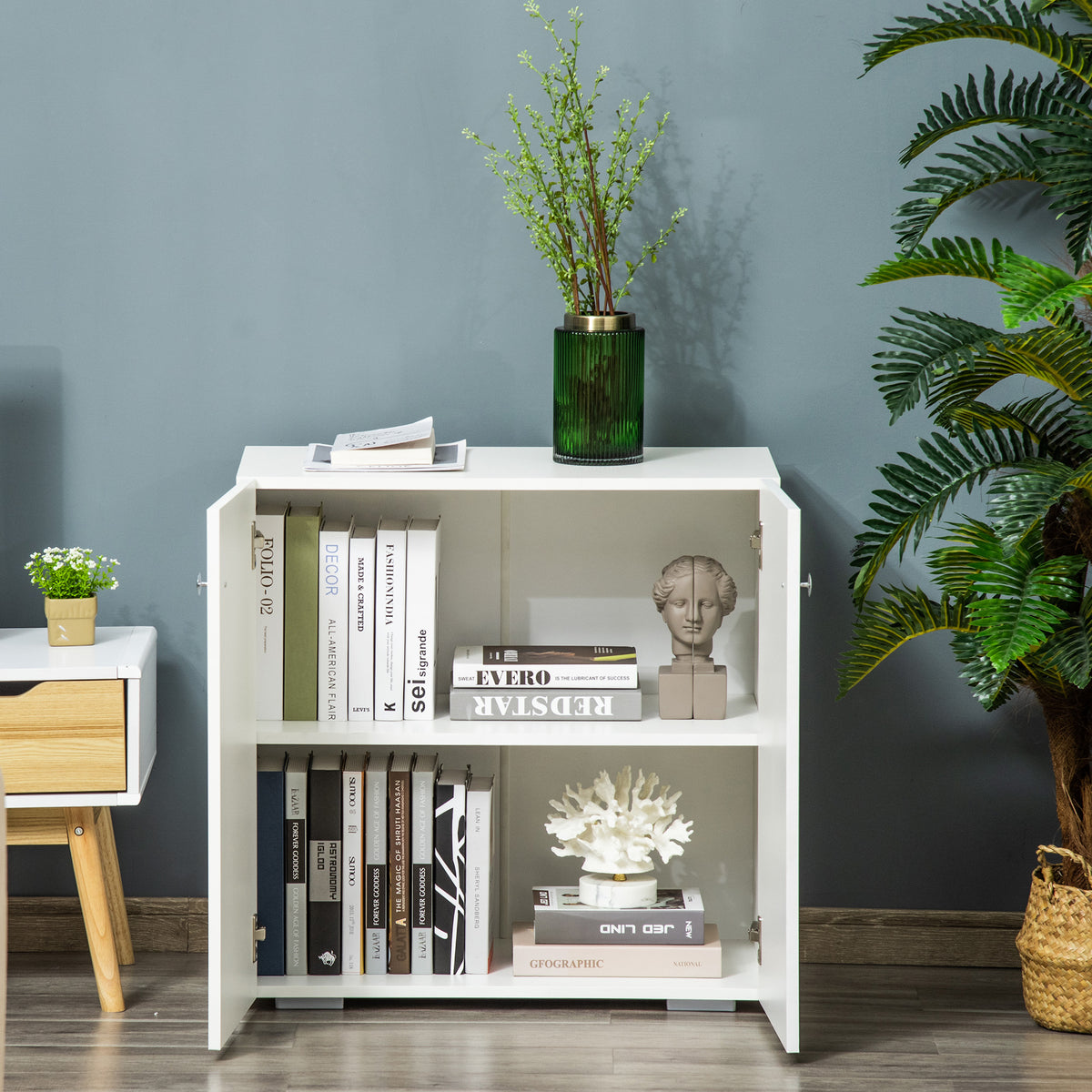 HOMCOM 2 Tier Bookcase, Wooden Storage Cabinet with 2 Doors, Freestanding Sideboard for Living Room, Home Office and Study, White