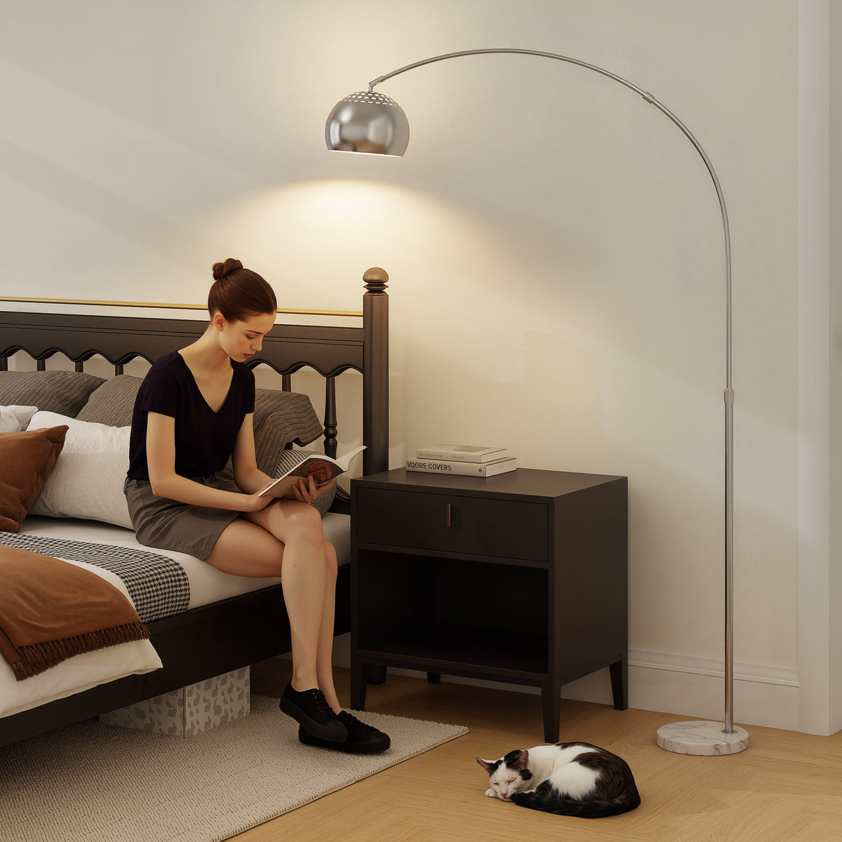 HOMCOM Arc Floor Lamp for Living Room, Modern Adjustable Standing Lamp with Faux Black Marble Base Silver Tone