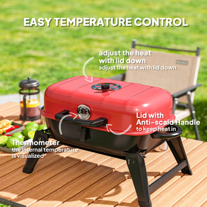 Outsunny Charcoal Barbecue Grill Folding Portable BBQ Grill for Camping with 1232 cm² Cooking Area, Adjustable Vent, Thermometer, Handles for Picnic, 59 x 37 x 36 cm, Red