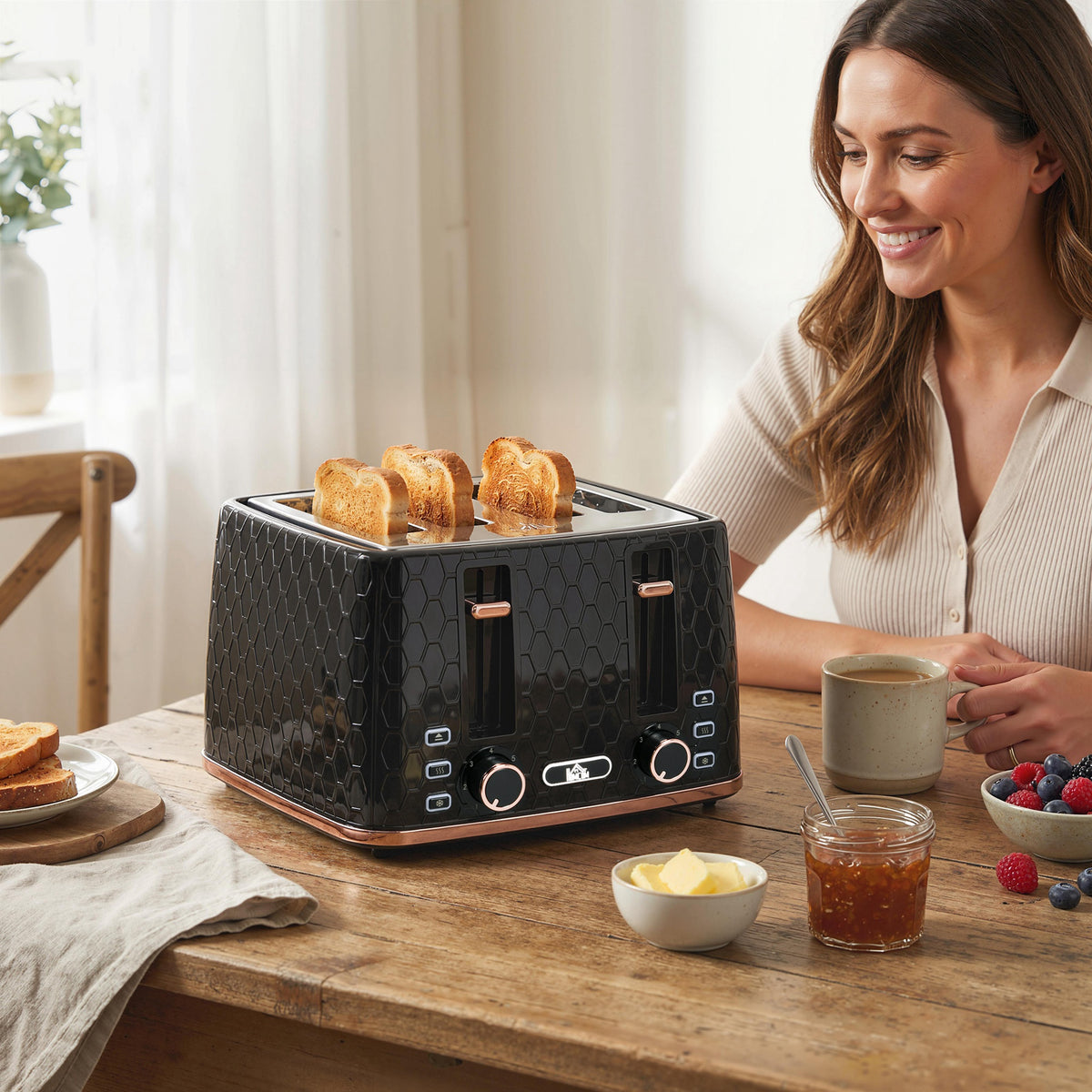 HOMCOM 4 Slice Toaster with 7 Browning Levels, High Lift, Reheat/Defrost/Cancel, Self-centring Function, Removable Crumb Tray, Auto Off, 1600W, Black Honeycomb Texture