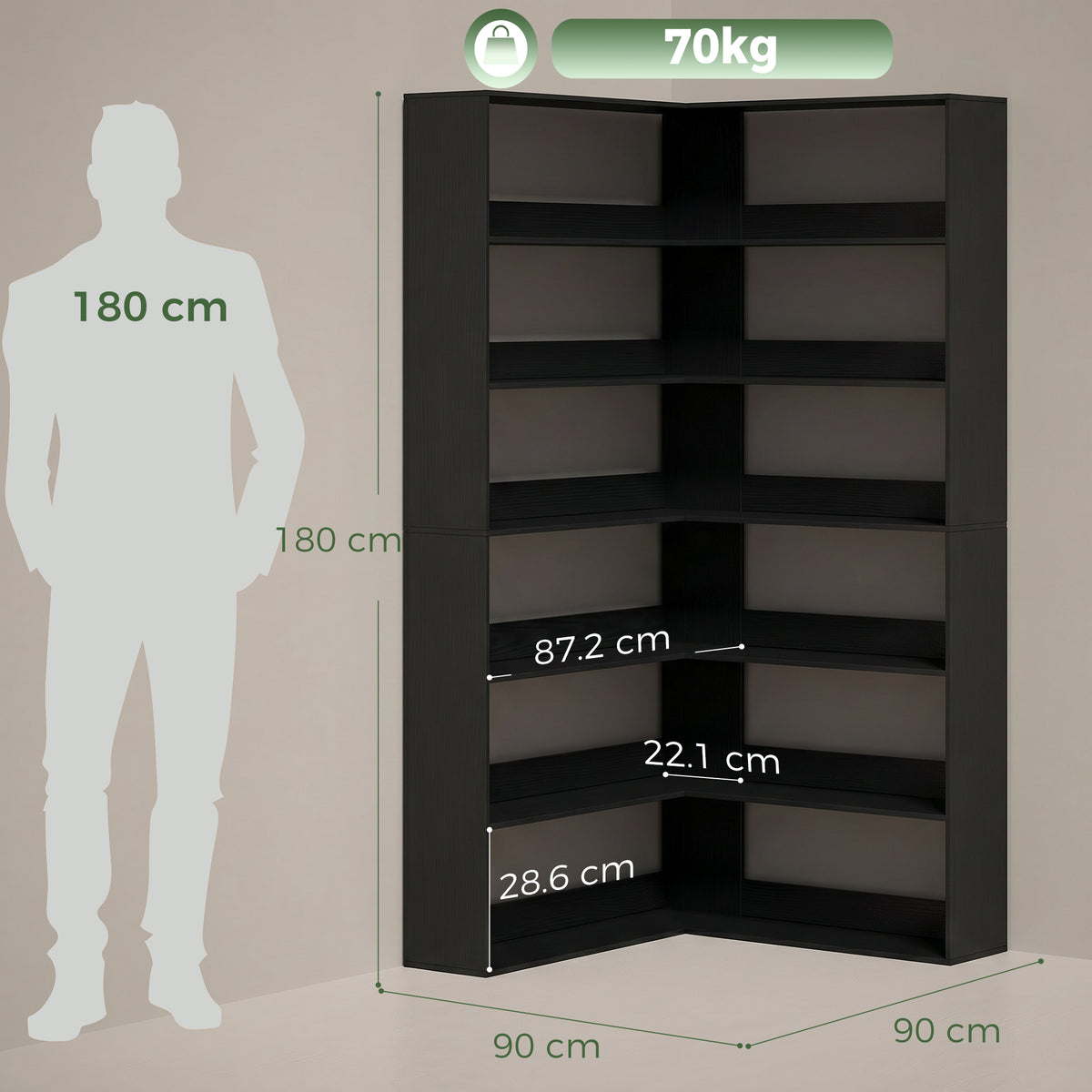 HOMCOM 7 Tiers Bookshelf, L-Shaped Corner Bookcase with Anti-Slip Rear Guard, Black Wood Effect