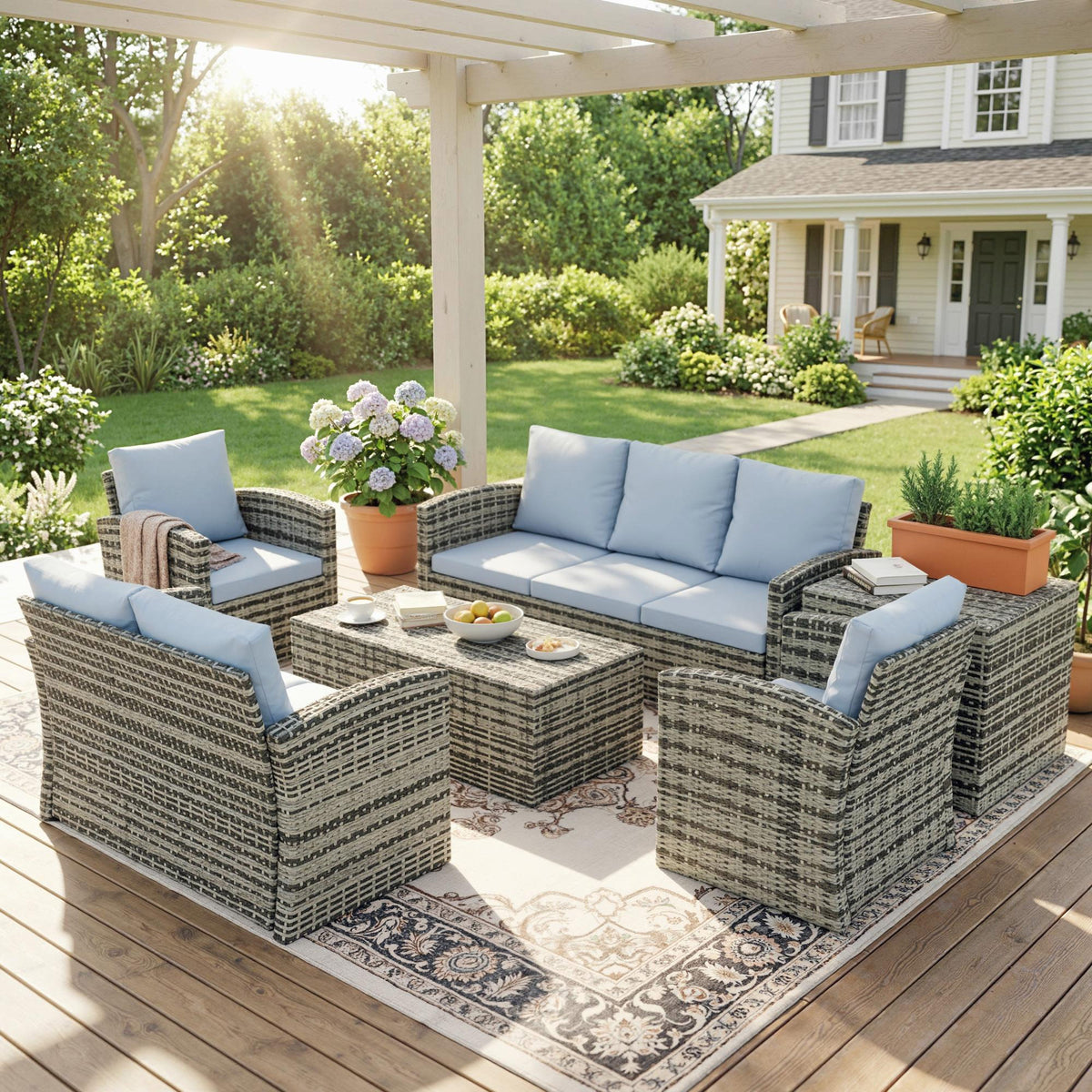 Outsunny 6 Pieces Rattan Garden Furniture Set, 7 Seater Wicker Outdoor Furniture Set with Storage Tea Table & Side Table, Sectional Garden Sofa Set with Cushions, Grey