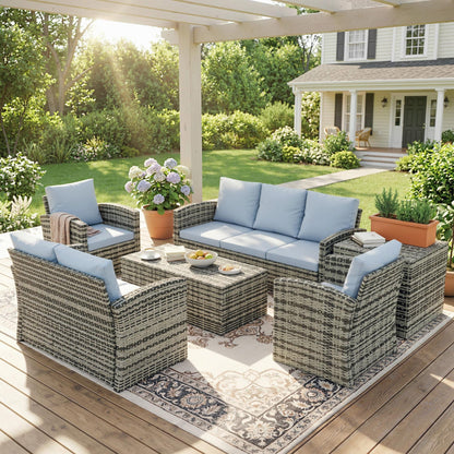 Outsunny 6 Pieces Rattan Garden Furniture Set, 7 Seater Wicker Outdoor Furniture Set with Storage Tea Table & Side Table, Sectional Garden Sofa Set with Cushions, Grey