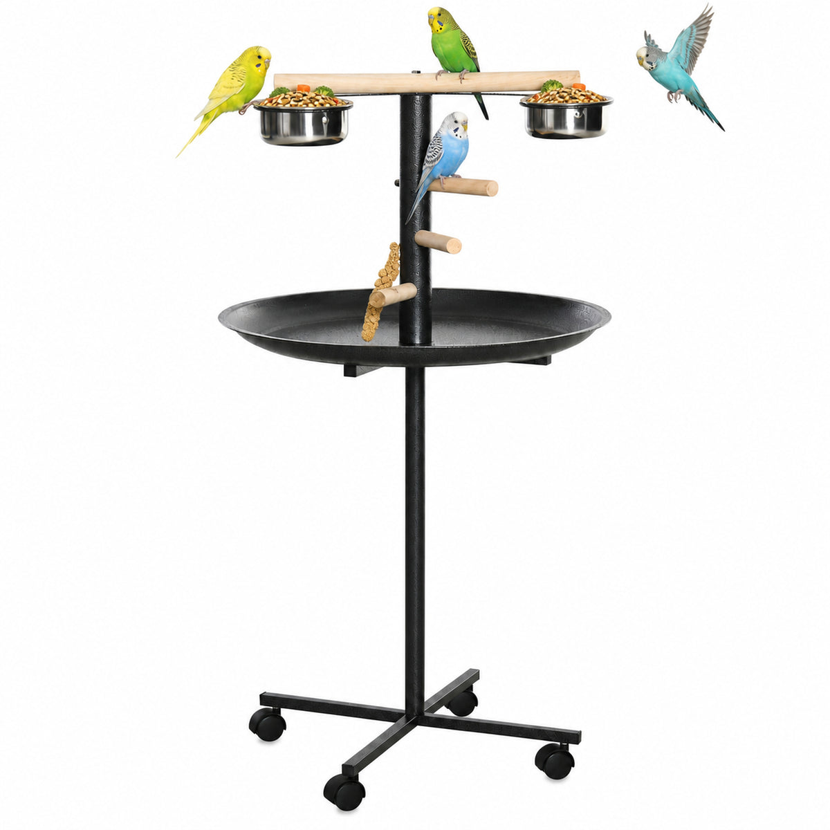 PawHut Parrot Perch Stand, Large Bird Play Stand, Metal Bird Table Feeder Station with Stainless Steel Bowls, Four Wheels, Round Tray, Black