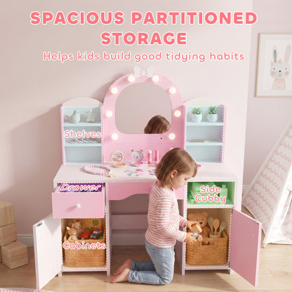 AIYAPLAY Kids Vanity Set, Kids Dressing Table with Stool, 2-Colour Lights Mirror, Cabinet, Drawer and Shelves, Pink