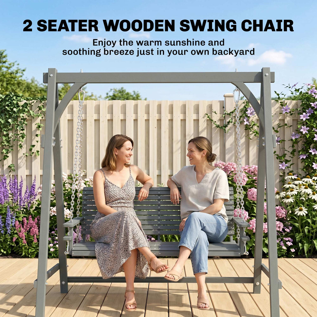 Outsunny 2 Seater Garden Swing Seat, Wooden Swing Chair Bench with Cup Holders for Outdoor Porch Patio, Grey