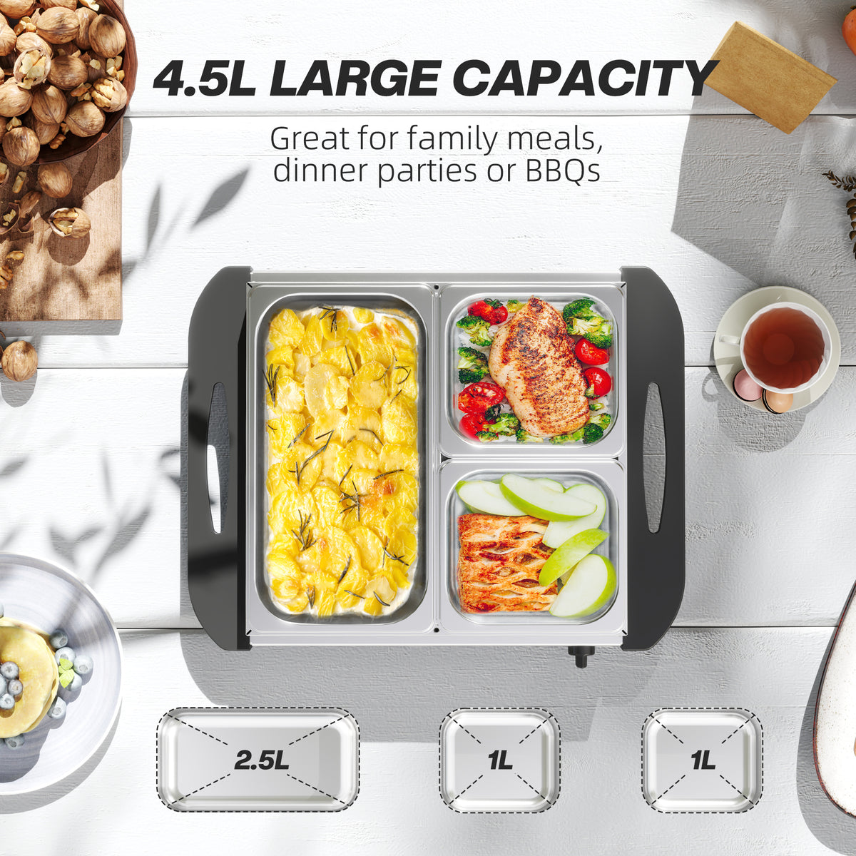 HOMCOM 4.5L Stainless Steel Electric Buffet Server, with 3x Trays and Lids