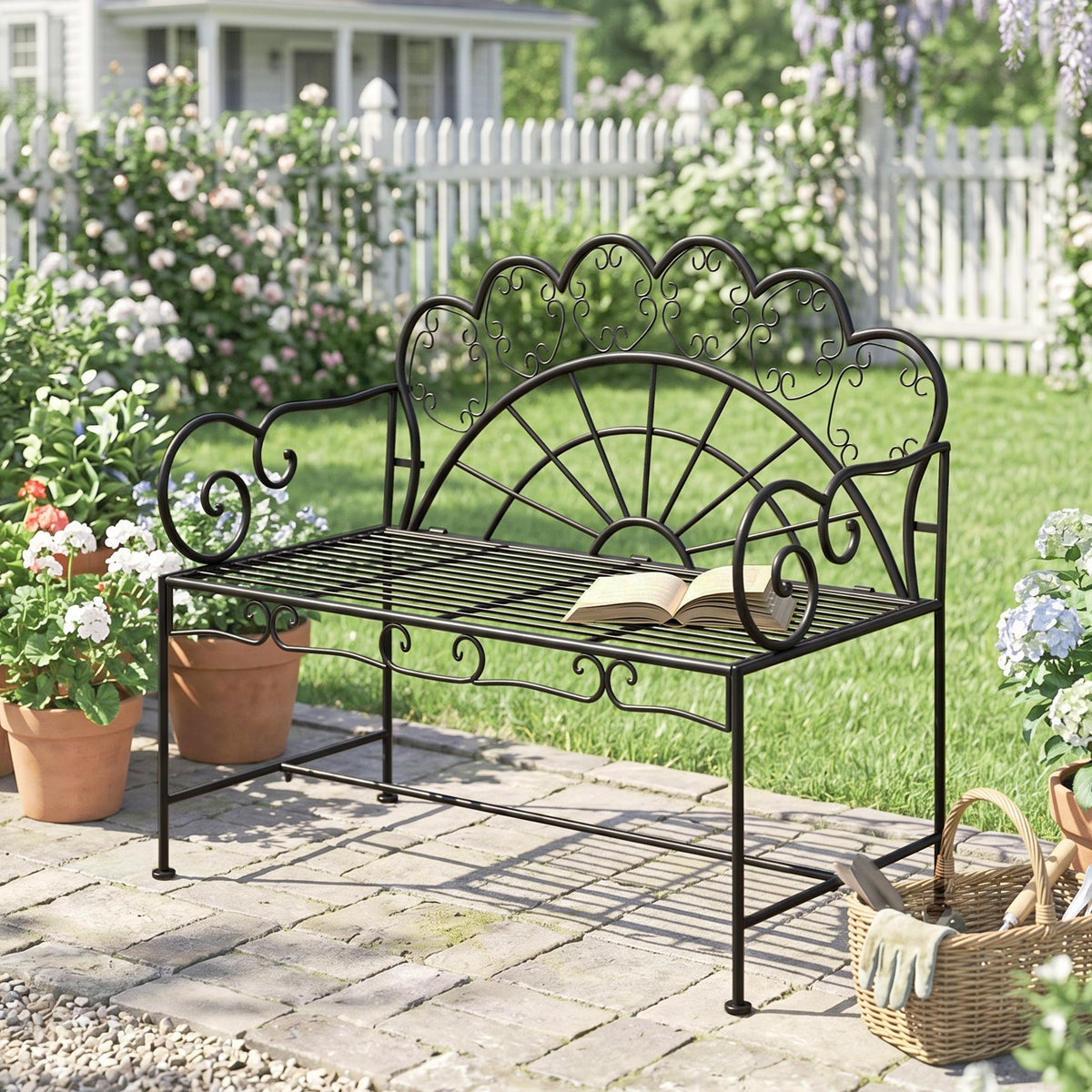 Outsunny Metal Garden Bench Loveseat with Slatted Seat, Black