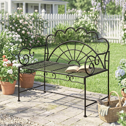 Outsunny Metal Garden Bench Loveseat with Slatted Seat, Black