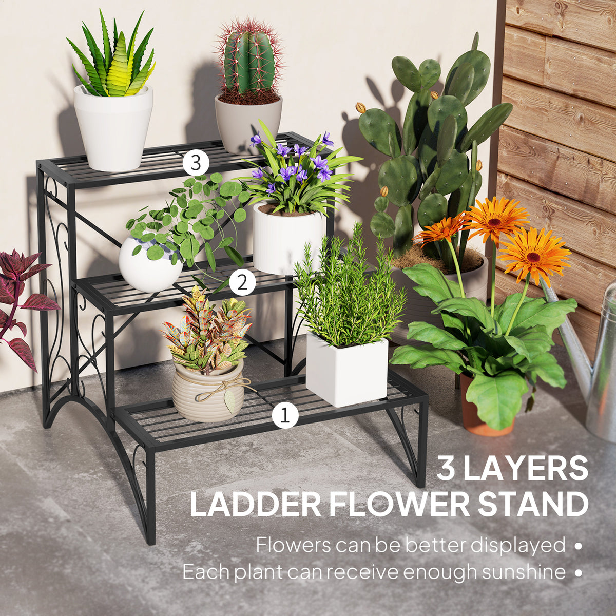 Outsunny Three-Tier Decorative Metal Plant Stand - Black