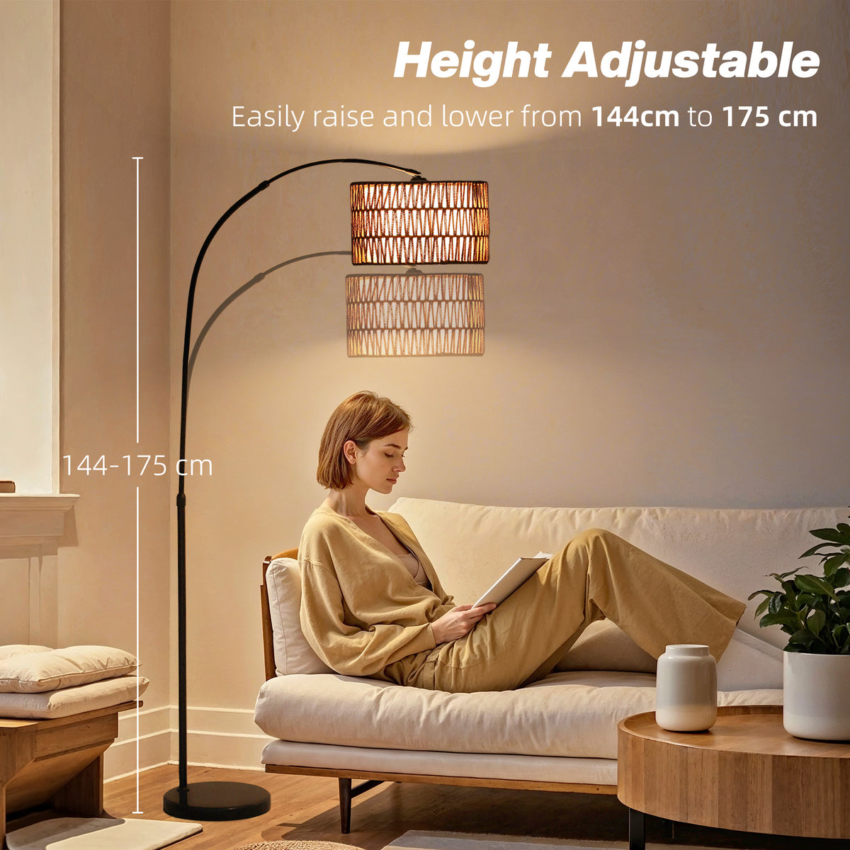 HOMCOM Rattan Floor Lamp for Living Room, Farmhouse Arc Standing Lamp with Dual-Layer Shade & Foot Switch, Height Adjustable Minimalist Tall Pole Lampshade for Bedroom, Office, Black