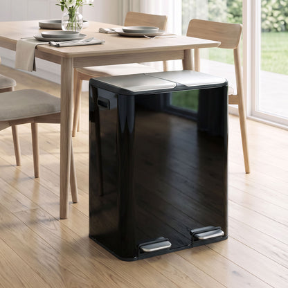 HOMCOM 2 x 30L Double Kitchen Bin, Stainless Steel Pedal Rubbish Bin with Dual Compartments, Soft Close Lids, High Gloss Black