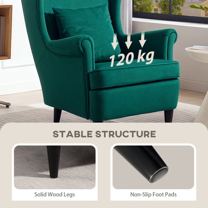 HOMCOM Modern Accent Chair with High Backrest and Pillow, Velvet-Feel Fabric Reading Chair with Solid Wood Legs, Green