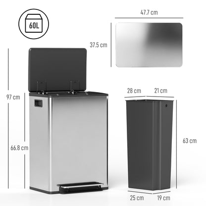 HOMCOM 60L Dual Compartment Stainless Steel Bin, with Deodoriser Holders - Silver Tone