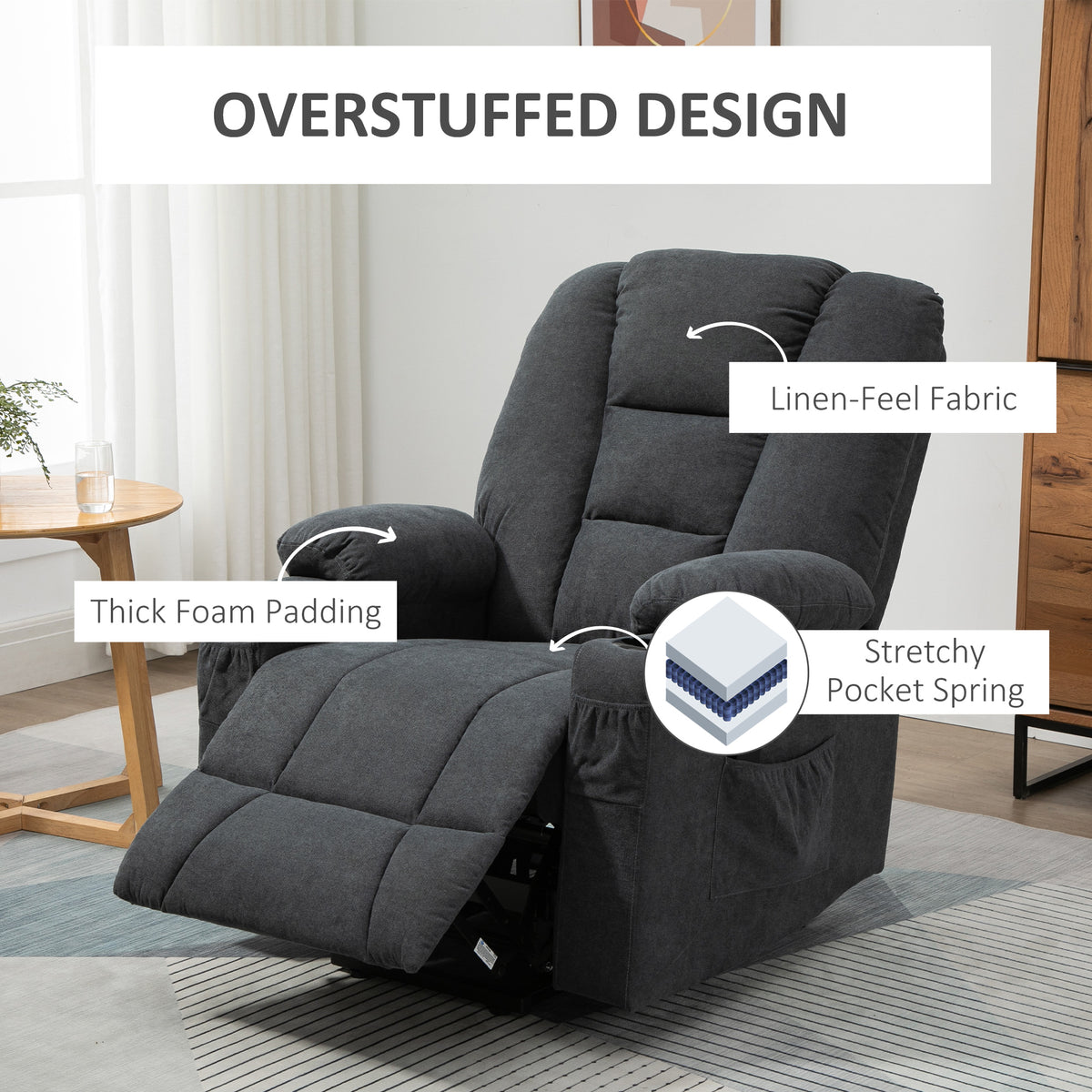 HOMCOM Electric Riser Recliner Armchair， Oversized Chair with Cup Holder & Side Pockets for Elderly in Living Room, Charcoal Grey