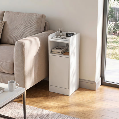 HOMCOM Slim Bedside Table Set of 2 with Charging Station, Narrow Bedside Cabinet with Adjustable Shelf, White