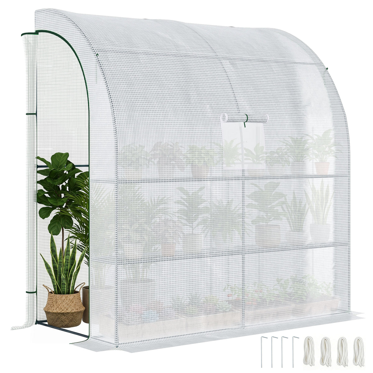 Outsunny Walk-In Lean to Wall Greenhouse with Windows and Doors, Outdoor Green House with 3 Tiers 4 Wired Shelves, 200L x 100W x 215Hcm, White