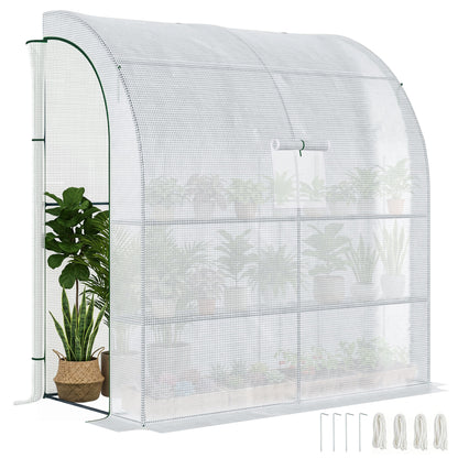 Outsunny Walk-In Lean to Wall Greenhouse with Windows and Doors, Outdoor Green House with 3 Tiers 4 Wired Shelves, 200L x 100W x 215Hcm, White
