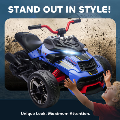 AIYAPLAY 12V Kids Electric Ride On Car with 3 Wheeler, MP3 Player, Horn, 2 Speeds, LED Lights for Boys & Girls Ages 3-8, Blue