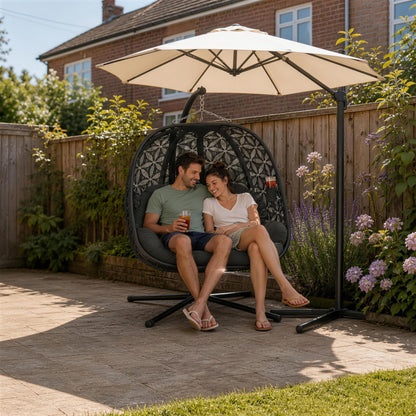 Outsunny Outdoor Double Hanging Chair with Cushion and Cup Holders, Charcoal Grey