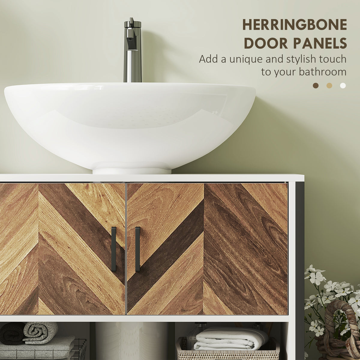 HOMCOM Under Sink Bathroom Cabinet, Rustic Under Sink Cabinet for Basin with or without Pedestal, Cream White and Walnut