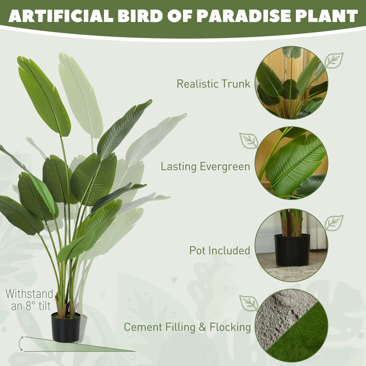 HOMCOM 160cm Tall Artificial Bird of Paradise Plant, Faux Banana Leaf Tree with PEVA Leaves and Flocking, Decorative Palm Tree in Pot for Home Office Decor, Green