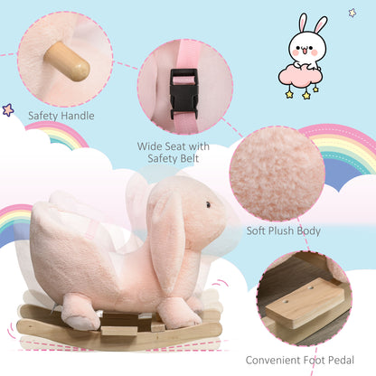 HOMCOM Baby Rocking Horse, Plush Ride On Horse, Rabbit Ride-On Toy with Sound, Wood Base, Seatbelt, for Ages 18-36 Months, Pink